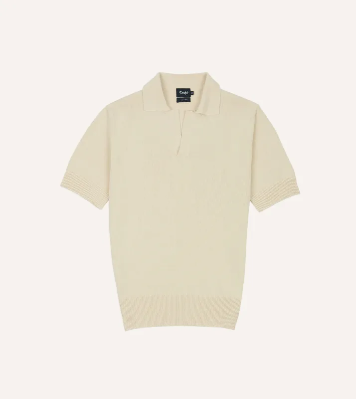 Ecru Knitted Silk Short-Sleeve Polo Shirt made by Drake's London