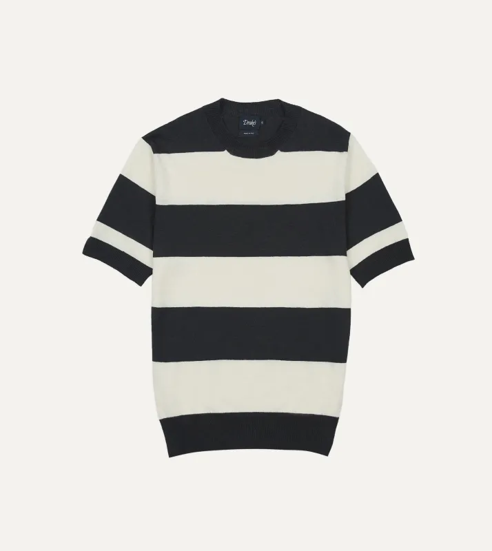 Ecru and Charcoal Stripe Crew Neck Knitted T-Shirt made by Drake's London
