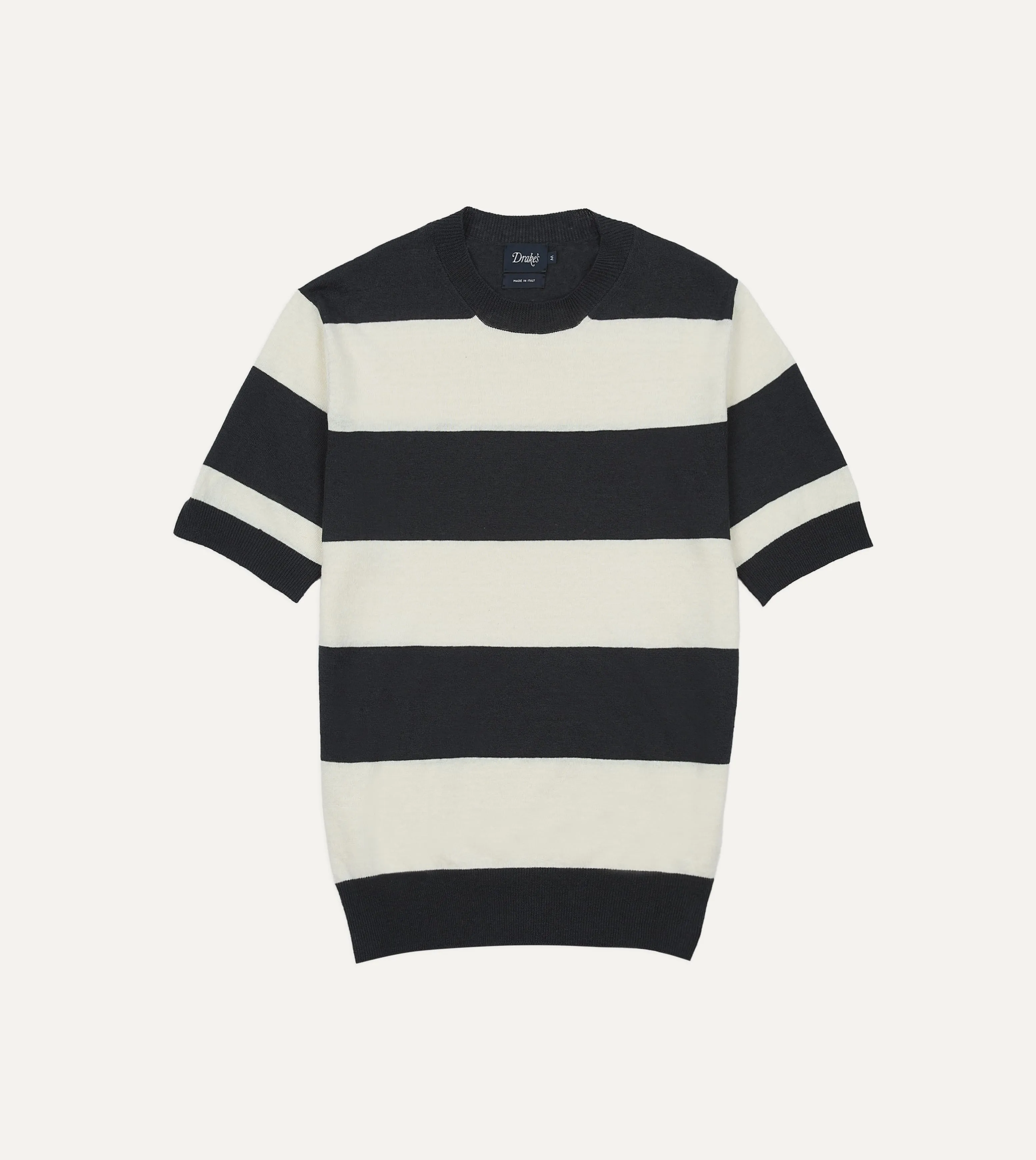 Ecru and Charcoal Stripe Crew Neck Knitted T-Shirt sold by Drake's London