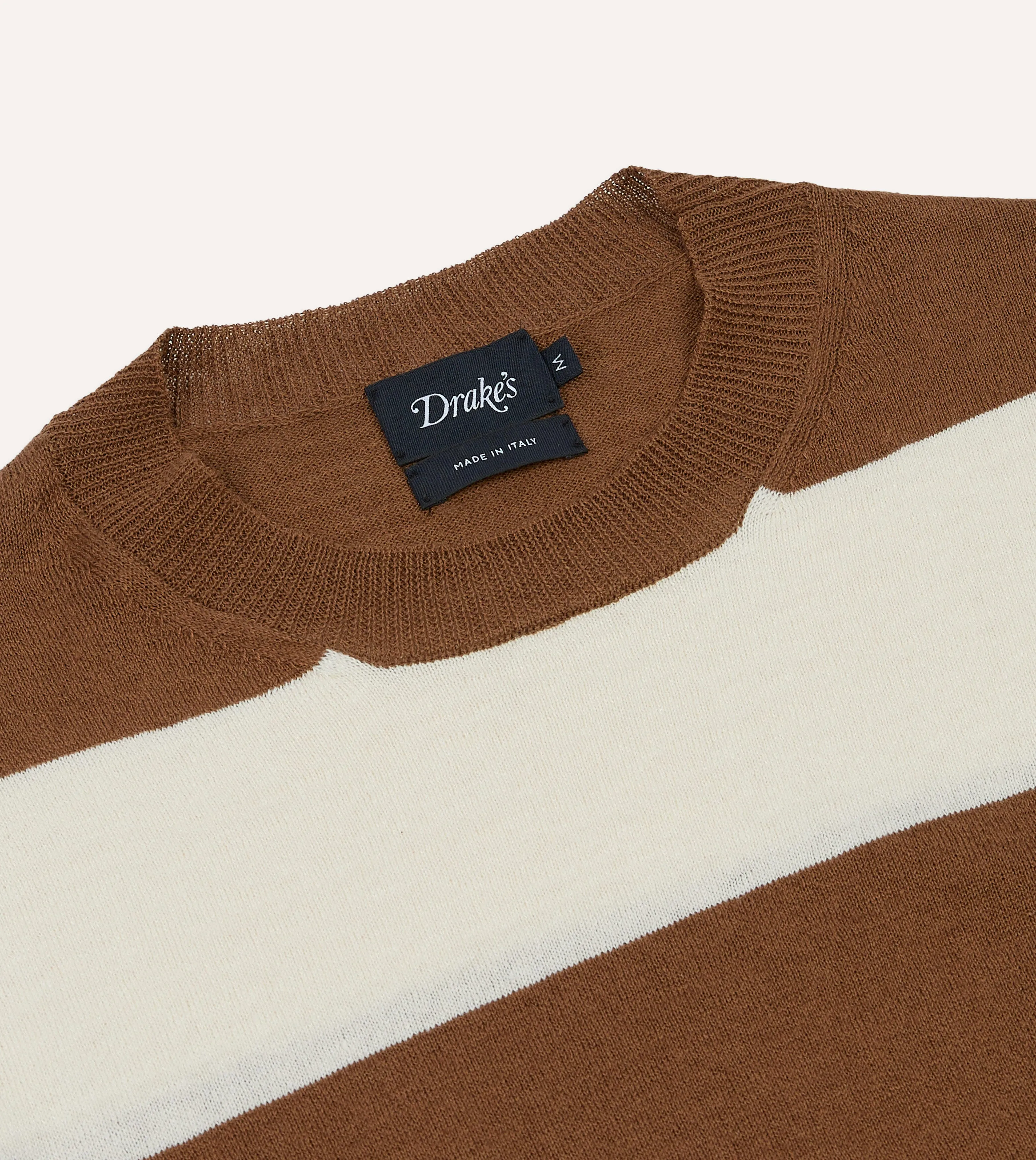 Ecru and Tobacco Stripe Crew Neck Knitted T-Shirt sold by Drake's London product image thumbnail 3
