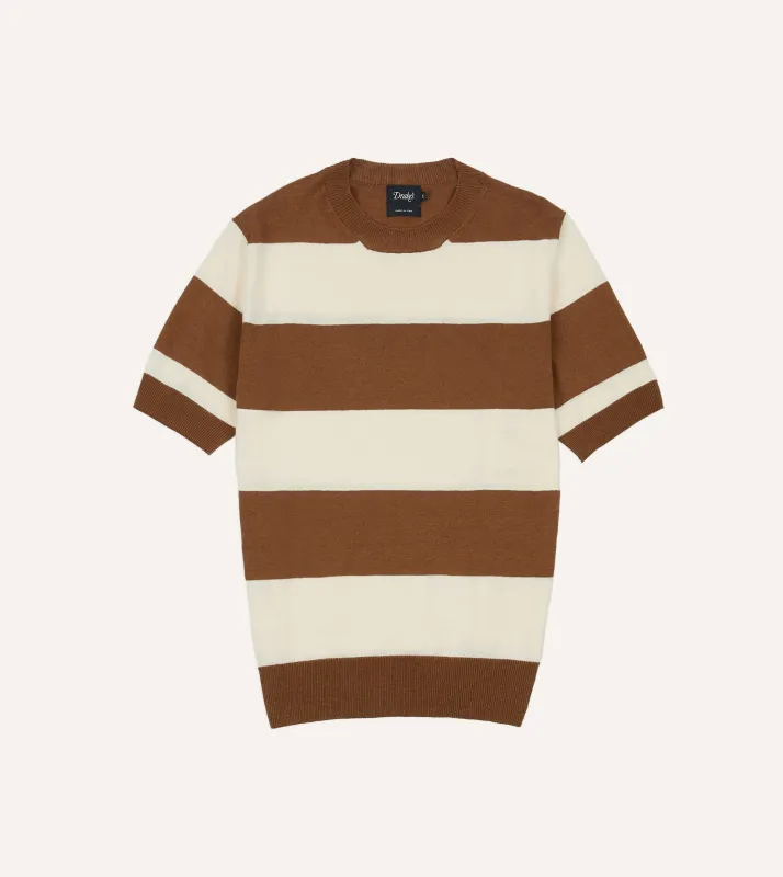 Ecru and Tobacco Stripe Crew Neck Knitted T-Shirt made by Drake's London