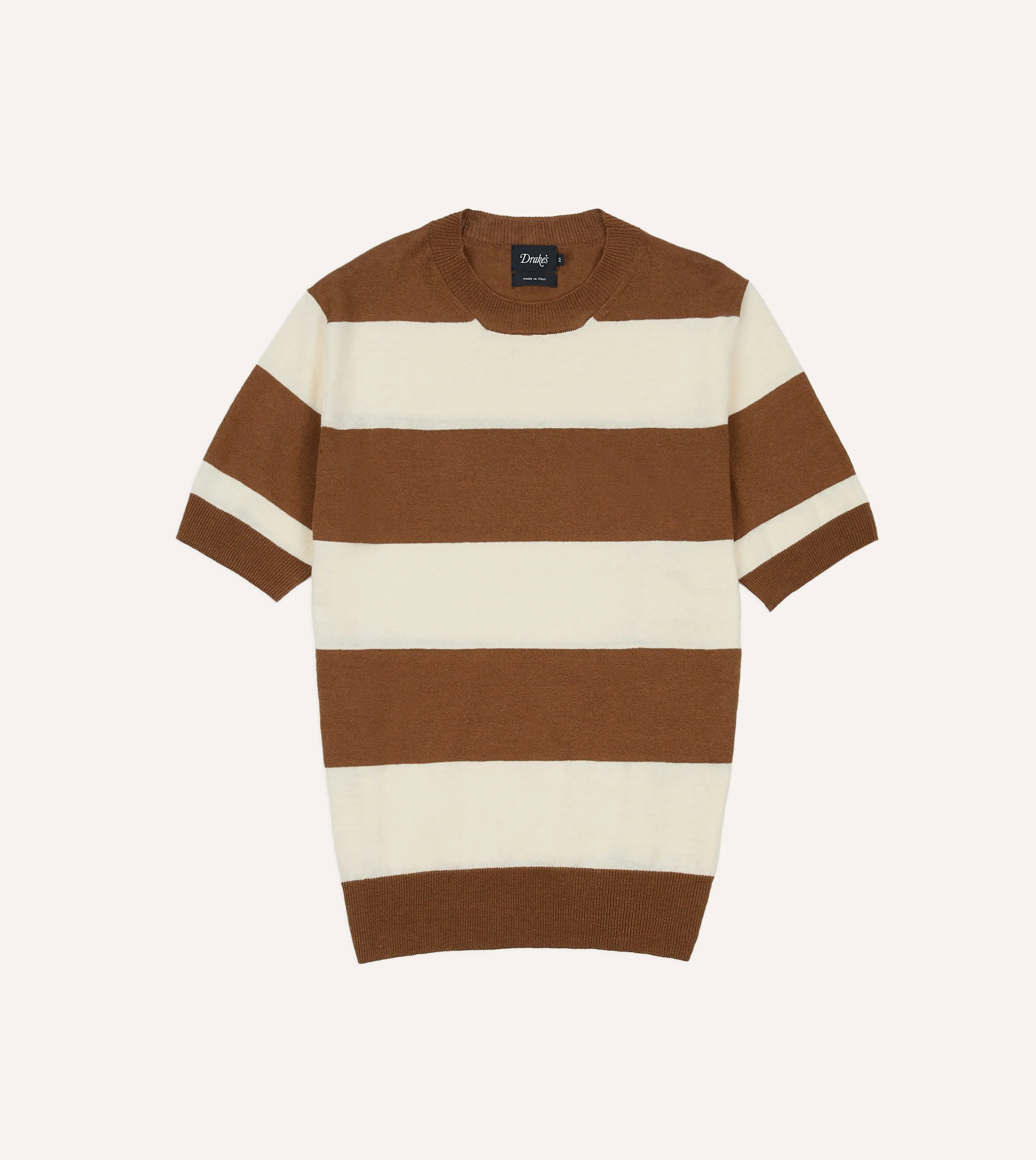 Ecru and Tobacco Stripe Crew Neck Knitted T-Shirt sold by Drake's London