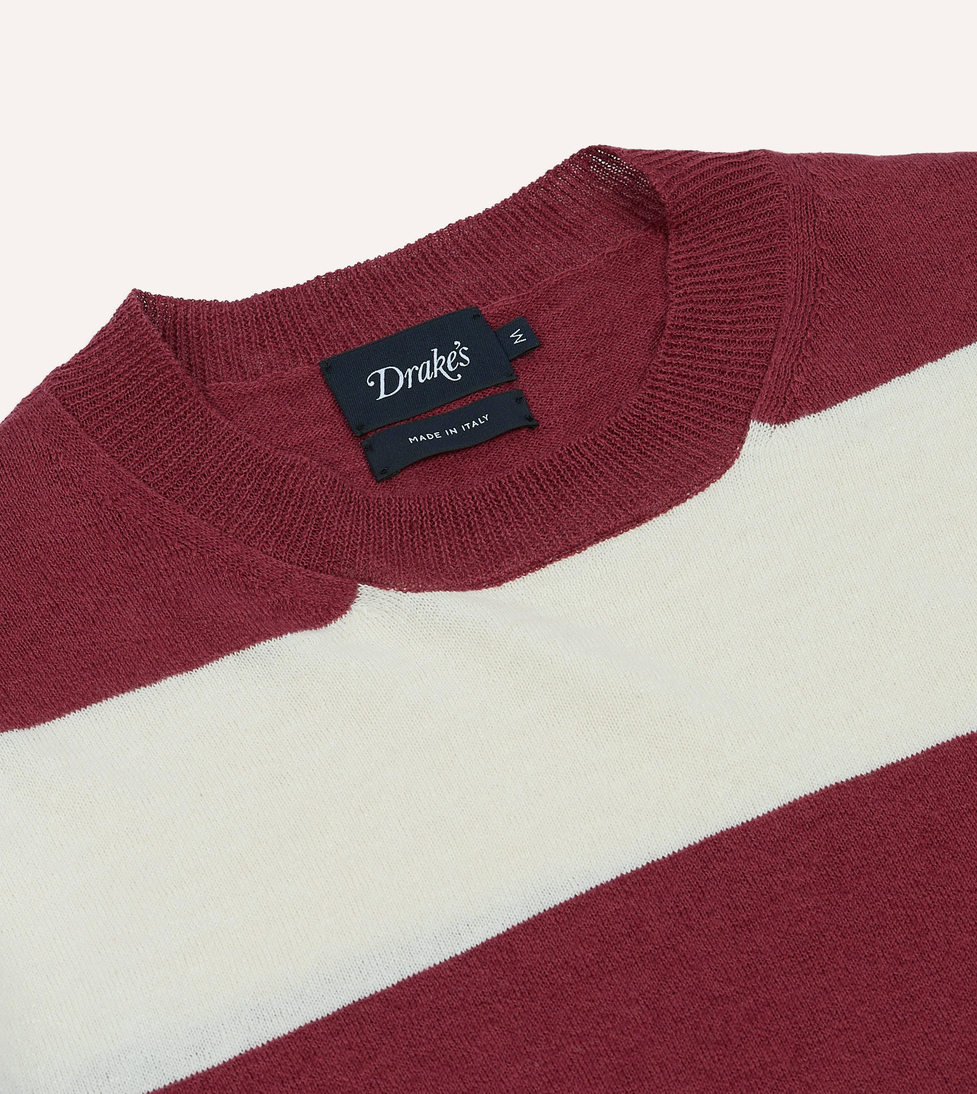 Ecru and Burgundy Stripe Crew Neck Knitted T-Shirt sold by Drake's London product image thumbnail 4