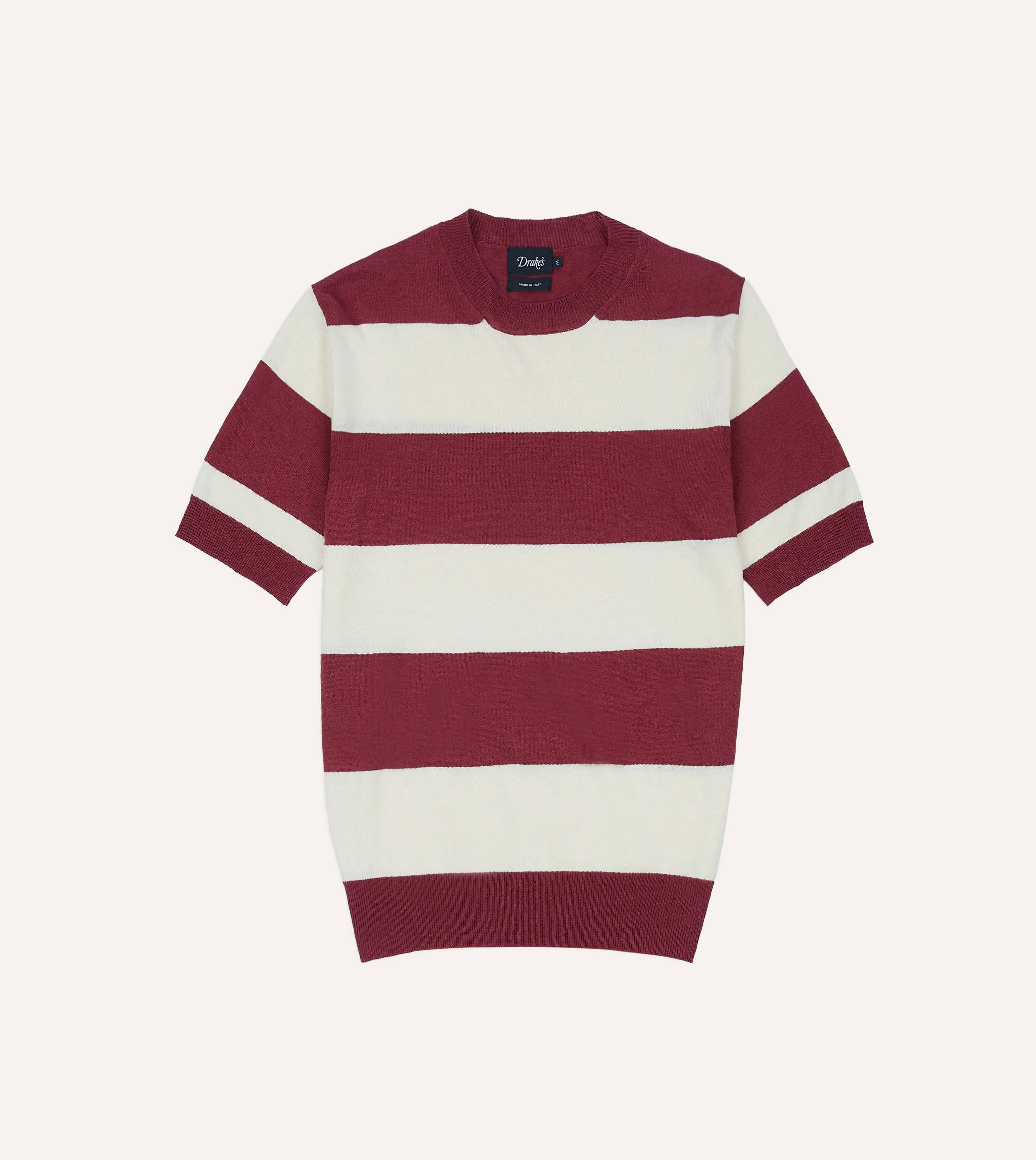 Ecru and Burgundy Stripe Crew Neck Knitted T-Shirt sold by Drake's London product image thumbnail 2
