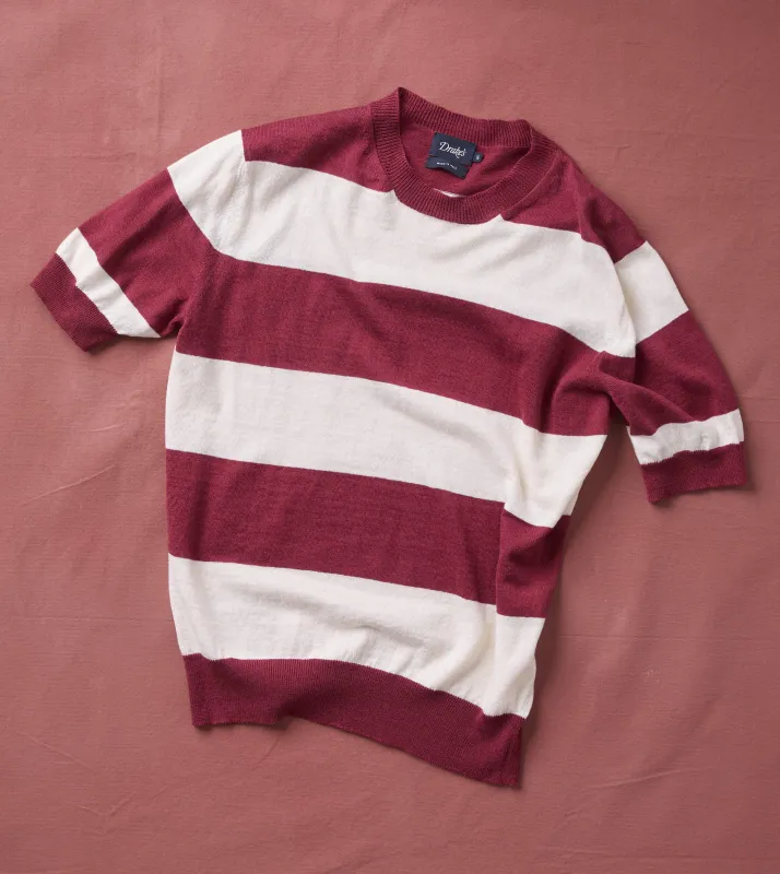 Ecru and Burgundy Stripe Crew Neck Knitted T-Shirt made by Drake's London