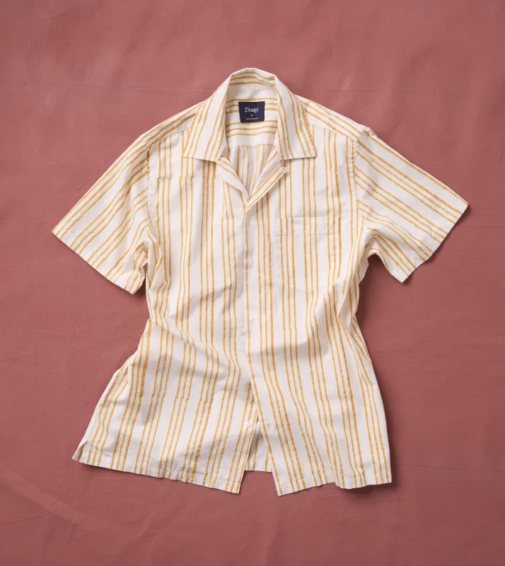 Yellow Triple Stripe Block Print Cotton Camp Collar Short Sleeve Shirt made by Drake's London