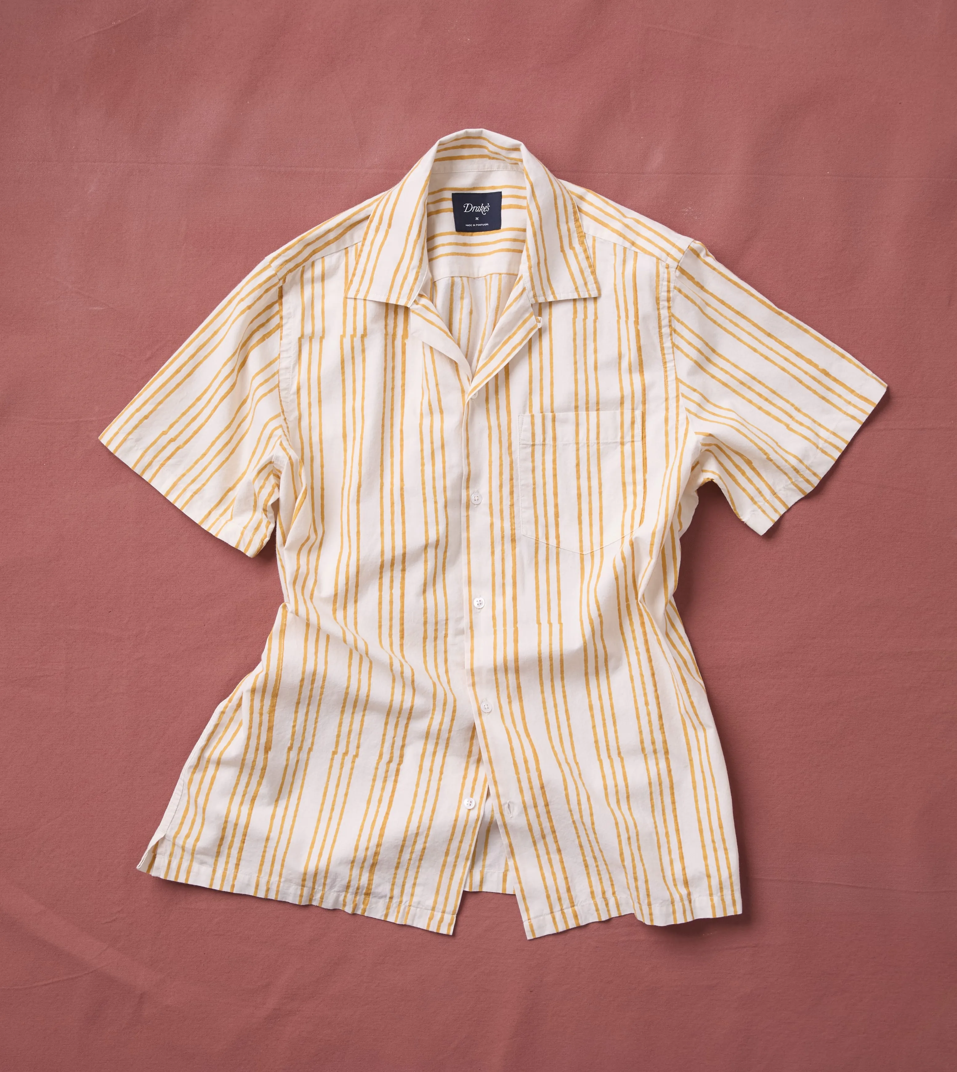 Yellow Triple Stripe Block Print Cotton Camp Collar Short Sleeve Shirt sold by Drake's London
