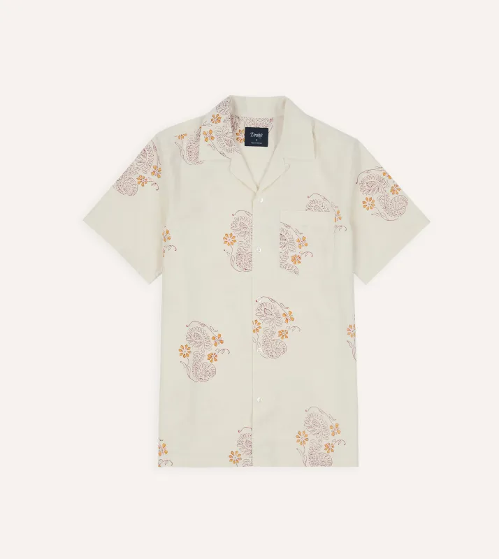 Ecru Floral Block Print Cotton Camp Collar Short Sleeve Shirt made by Drake's London