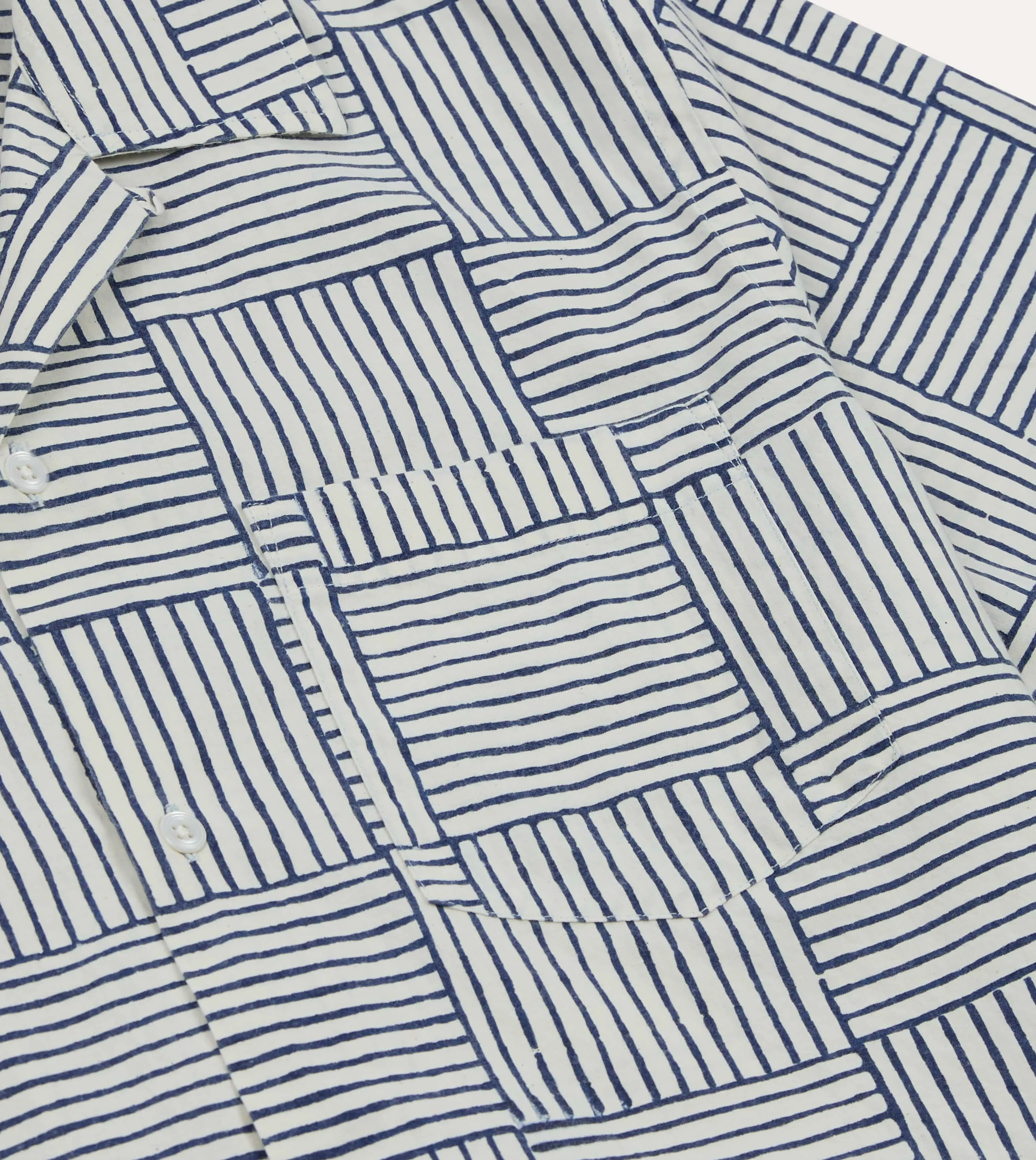 Navy Weave Block Print Cotton Camp Collar Short Sleeve Shirt sold by Drake's London product image thumbnail 4