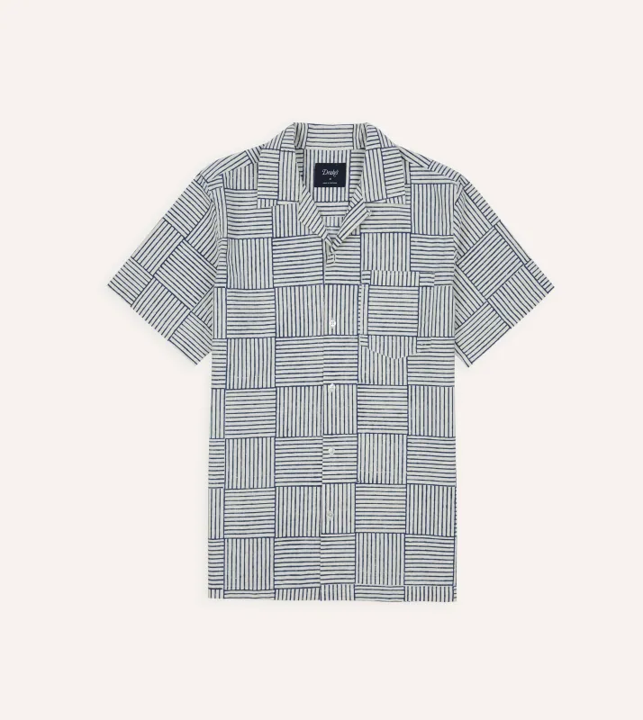 Navy Weave Block Print Cotton Camp Collar Short Sleeve Shirt made by Drake's London