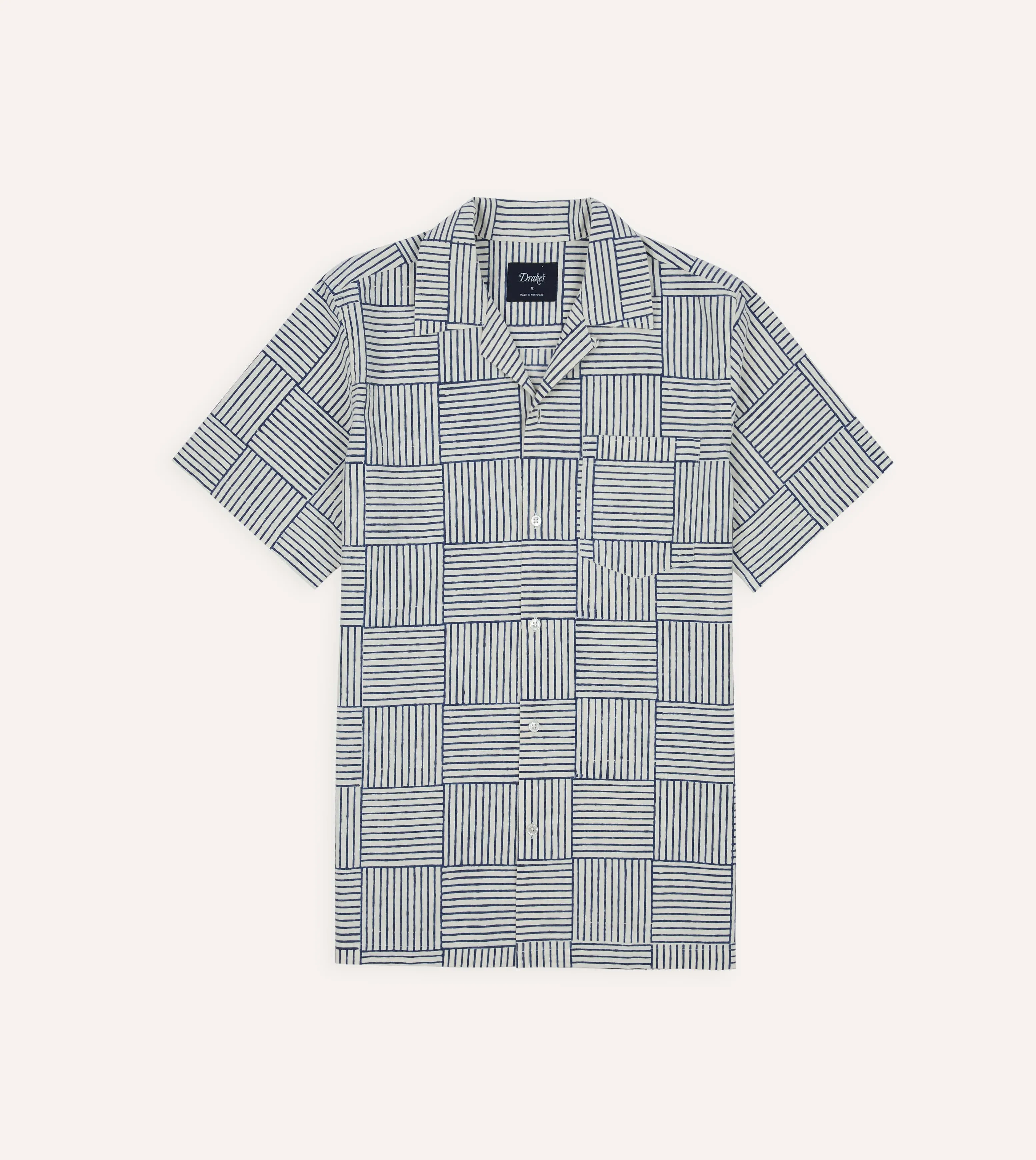 Navy Weave Block Print Cotton Camp Collar Short Sleeve Shirt sold by Drake's London