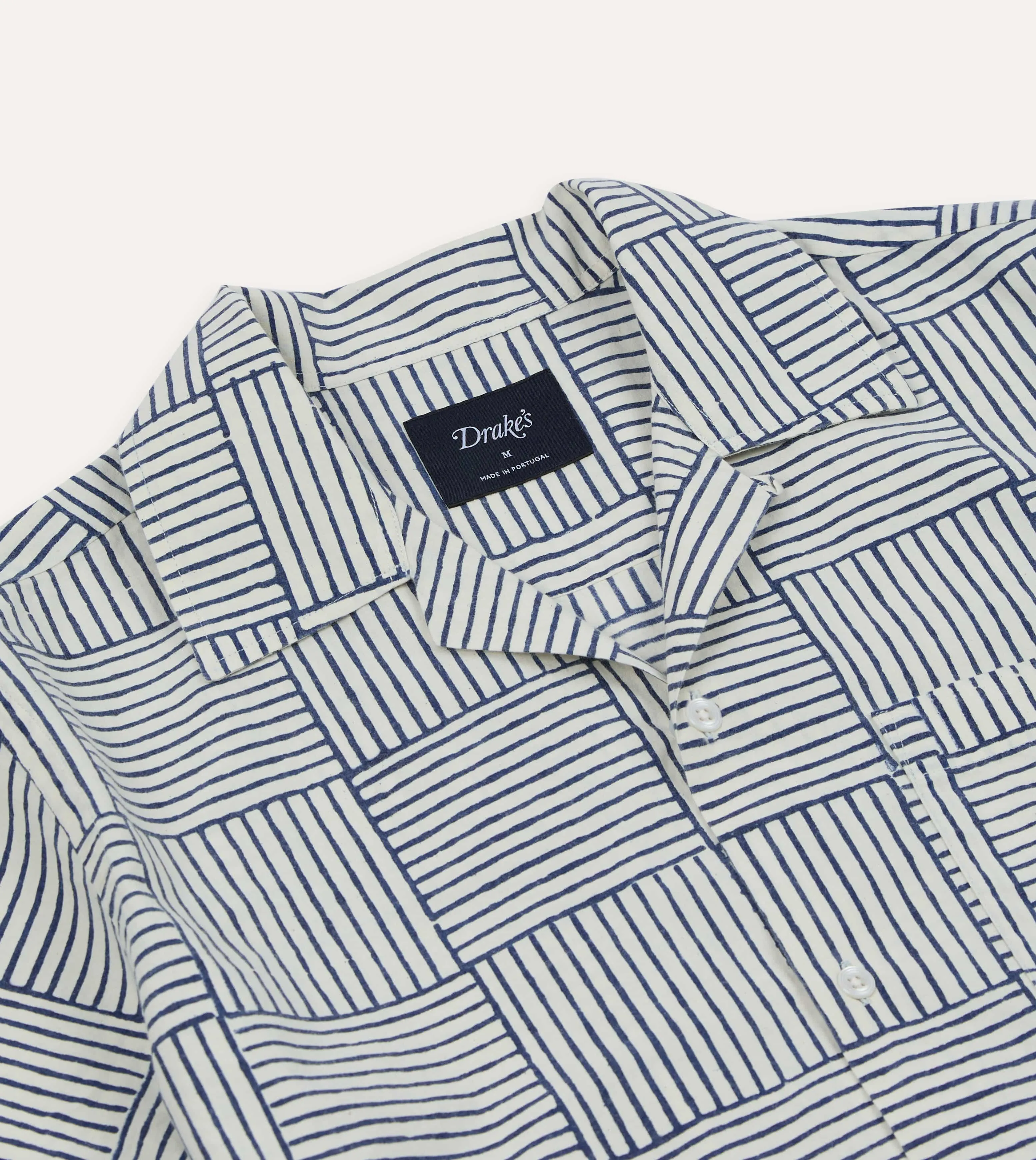 Navy Weave Block Print Cotton Camp Collar Short Sleeve Shirt sold by Drake's London product image thumbnail 3