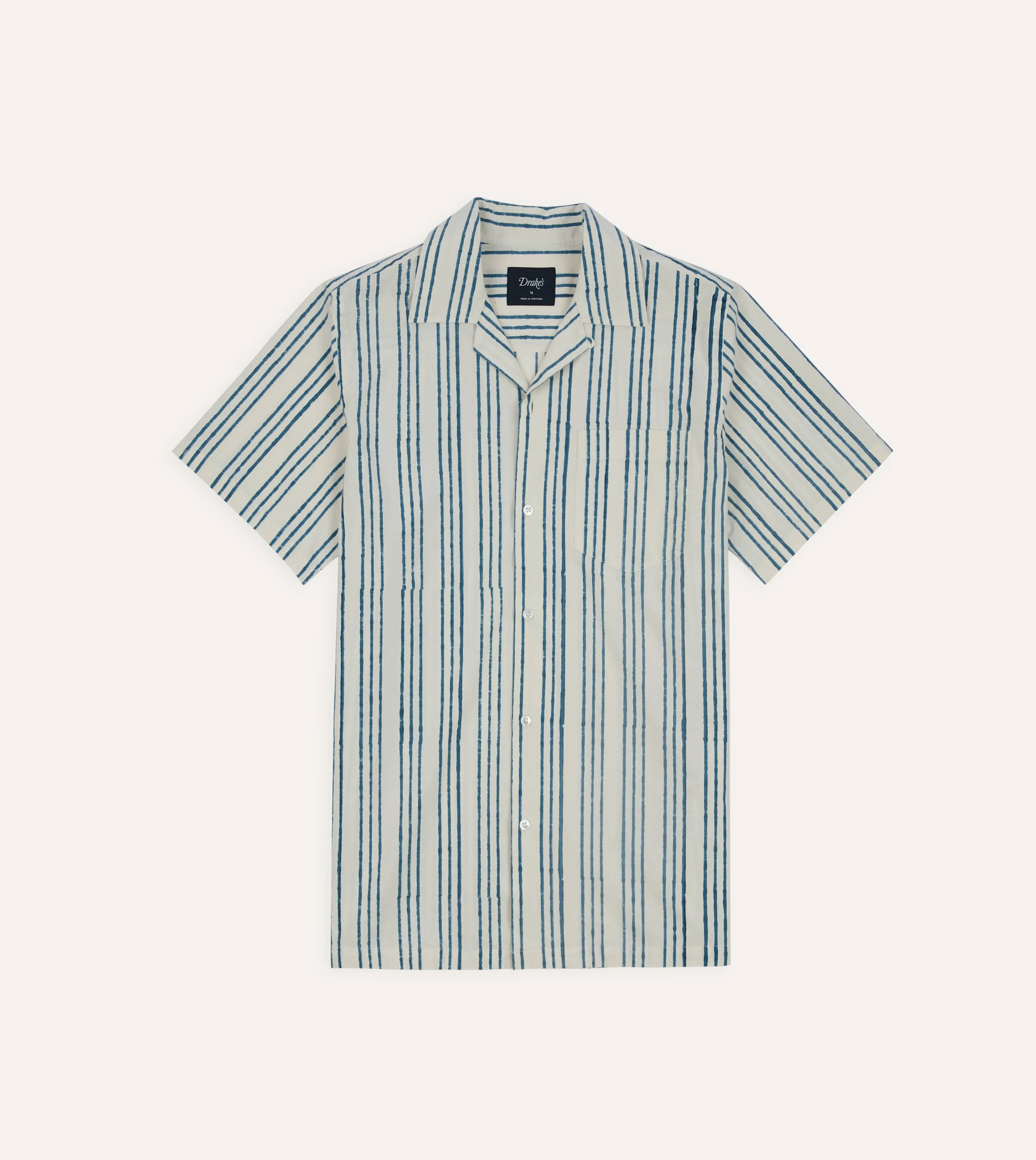 Indigo Triple Stripe Block Print Cotton Camp Collar Short Sleeve Shirt sold by Drake's London product image thumbnail 3