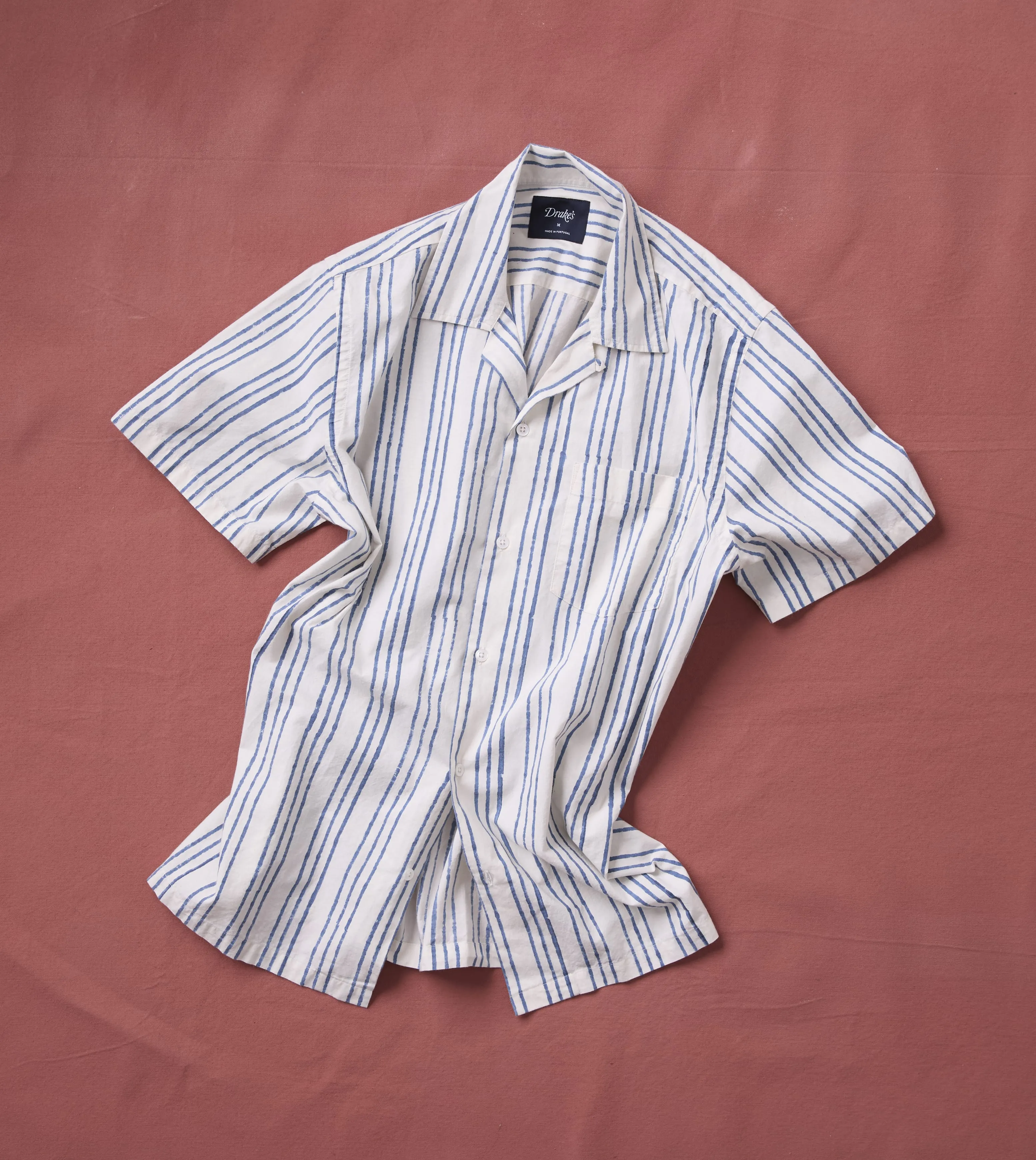 Indigo Triple Stripe Block Print Cotton Camp Collar Short Sleeve Shirt sold by Drake's London product image thumbnail 2