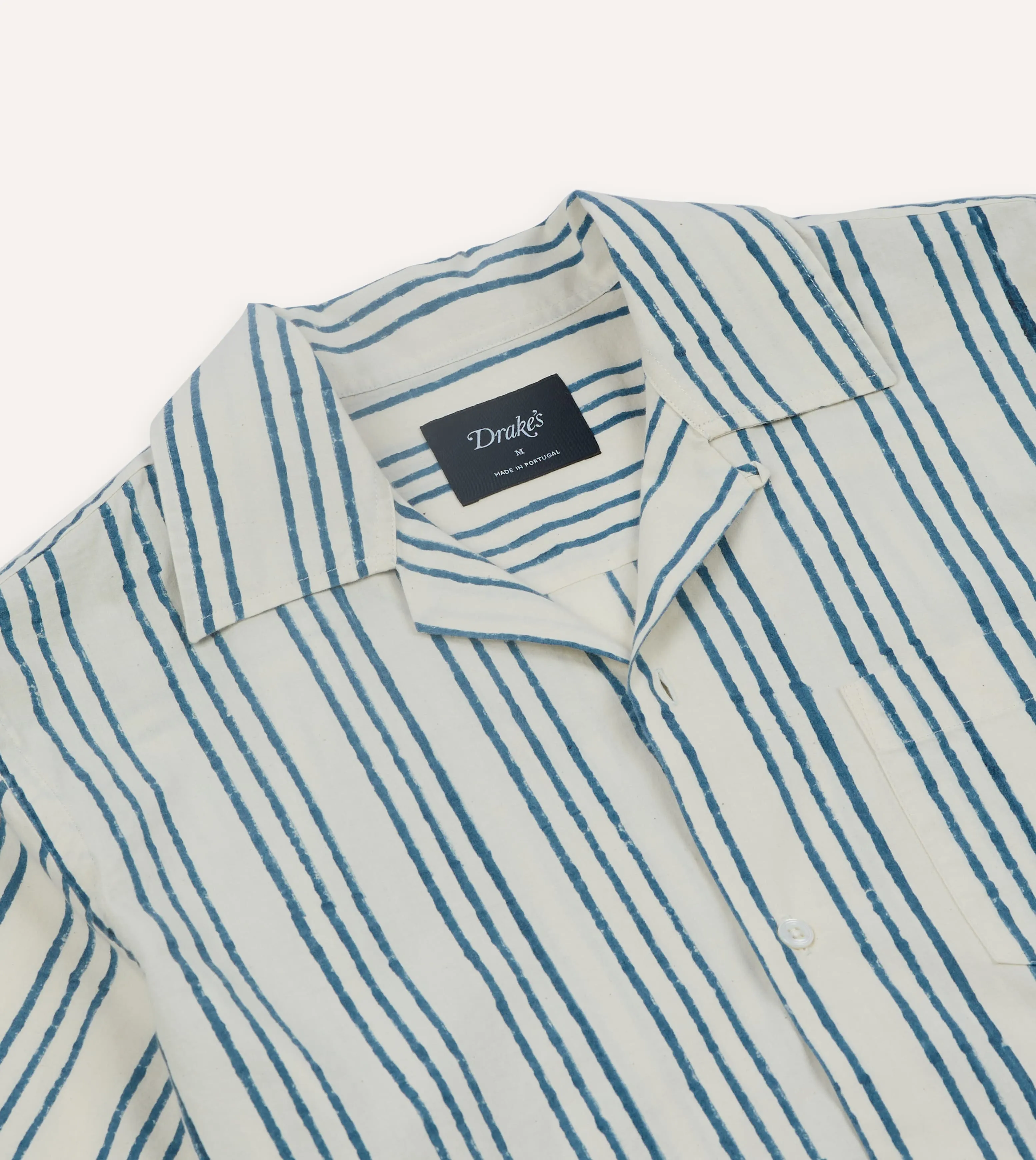 Indigo Triple Stripe Block Print Cotton Camp Collar Short Sleeve Shirt sold by Drake's London product image thumbnail 5