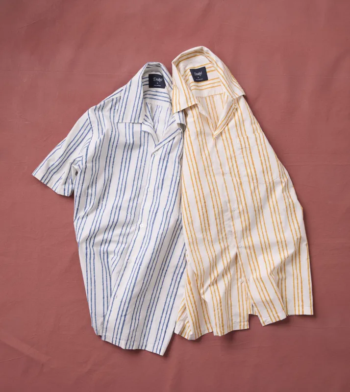 Indigo Triple Stripe Block Print Cotton Camp Collar Short Sleeve Shirt made by Drake's London