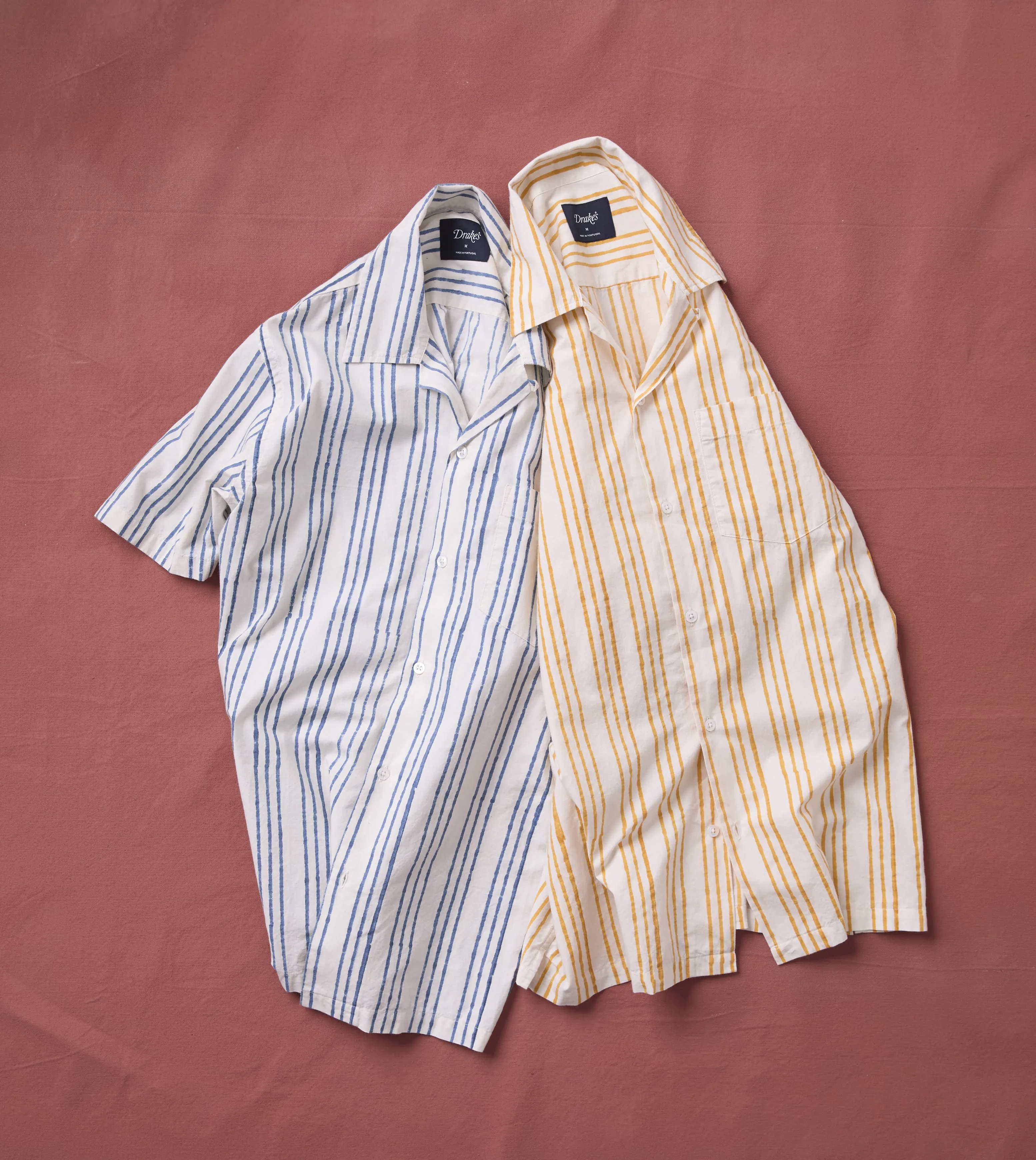 Indigo Triple Stripe Block Print Cotton Camp Collar Short Sleeve Shirt sold by Drake's London