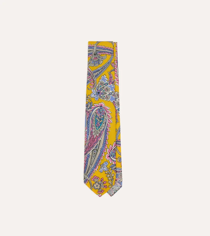 Yellow Nouveau Leaves Shantung Silk Hand-Rolled Tie made by Drake's London