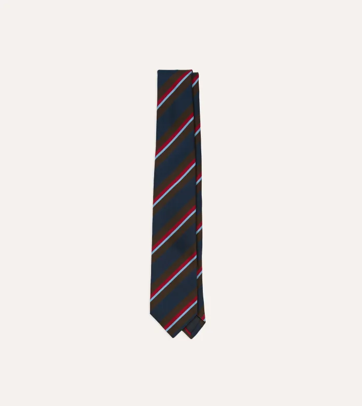 Brown and Navy Regimental Stripe Mogador Cotton-Silk Tipped Tie made by Drake's London