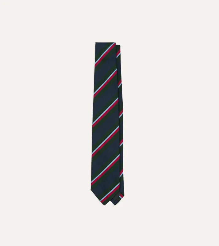 Green and Navy Regimental Stripe Mogador Cotton-Silk Tipped Tie made by Drake's London