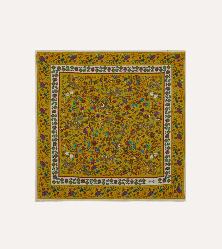 Yellow Tiger Garden Print Wool-Silk Bandana made by Drake's London