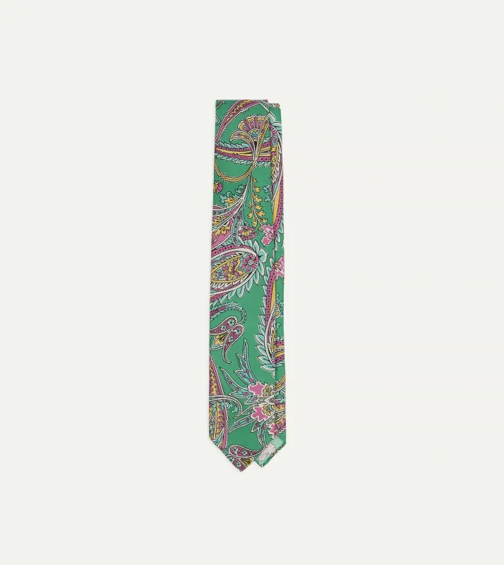 Green Nouveau Leaves Shantung Silk Hand-Rolled Tie made by Drake's London