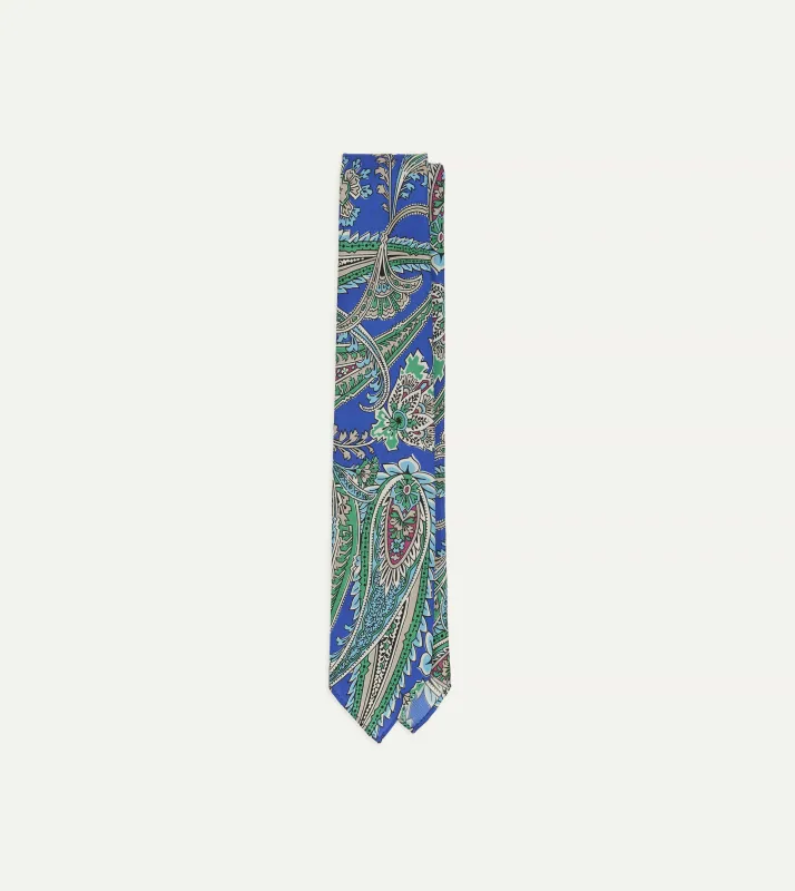 Blue Nouveau Leaves Shantung Silk Hand-Rolled Tie made by Drake's London