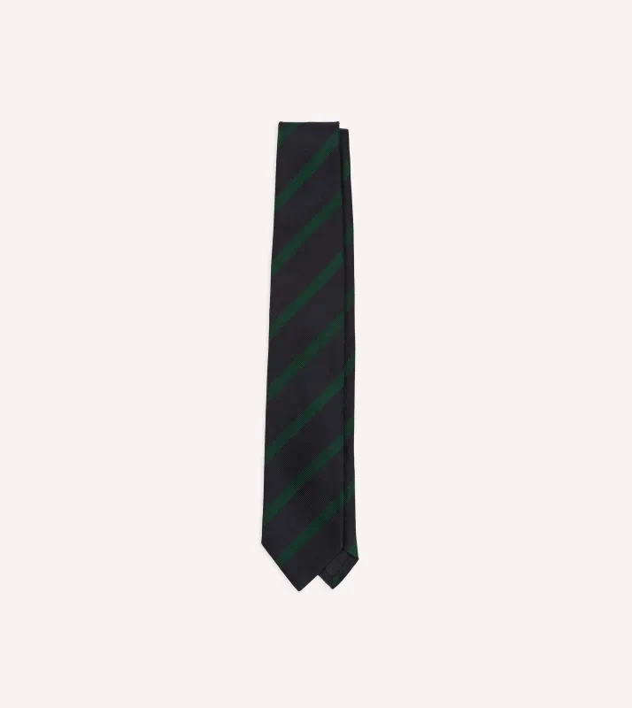 Navy and Green Bar Stripe Repp Silk Tipped Tie made by Drake's London