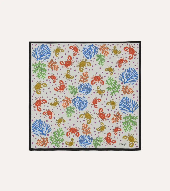 Ecru Crab Print Silk Pocket Square made by Drake's London