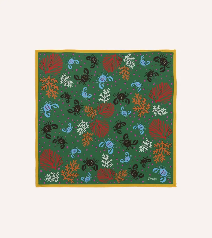 Green Crab Print Silk Pocket Square made by Drake's London