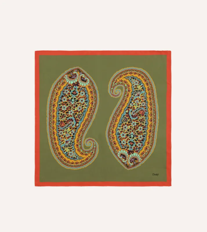 Olive Jumbo Paisley Print Silk Bandana made by Drake's London