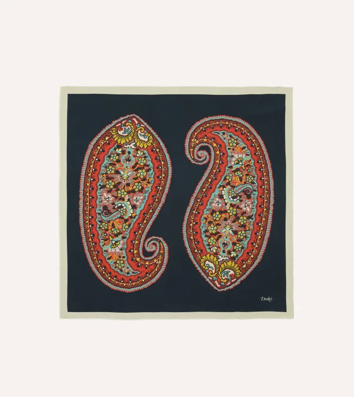 Navy Jumbo Paisley Print Silk Bandana made by Drake's London