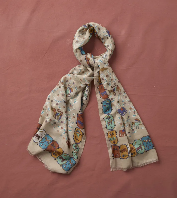 Ecru Loose Animal Print Wool-Silk Scarf made by Drake's London