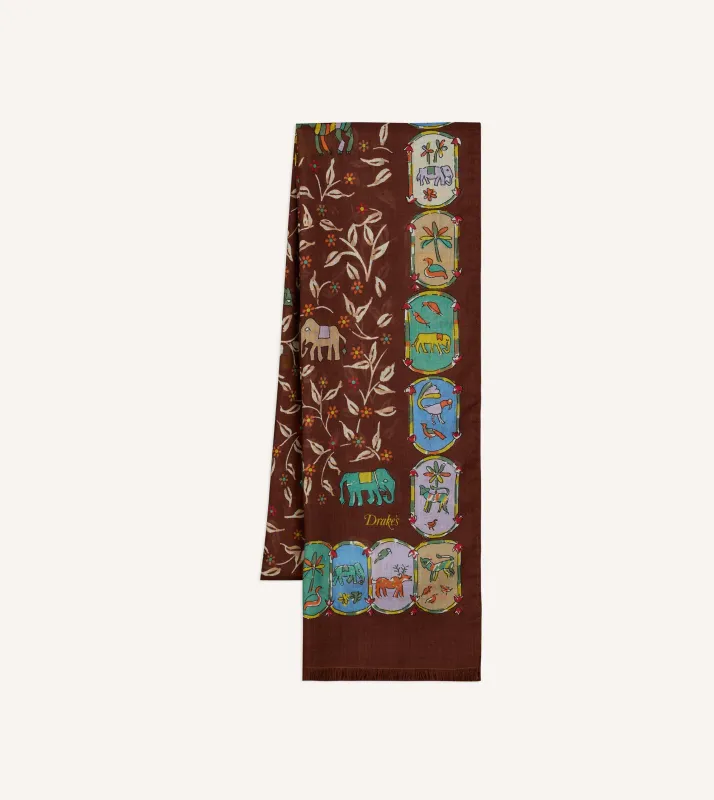 Brown Loose Animal Print Wool-Silk Scarf made by Drake's London