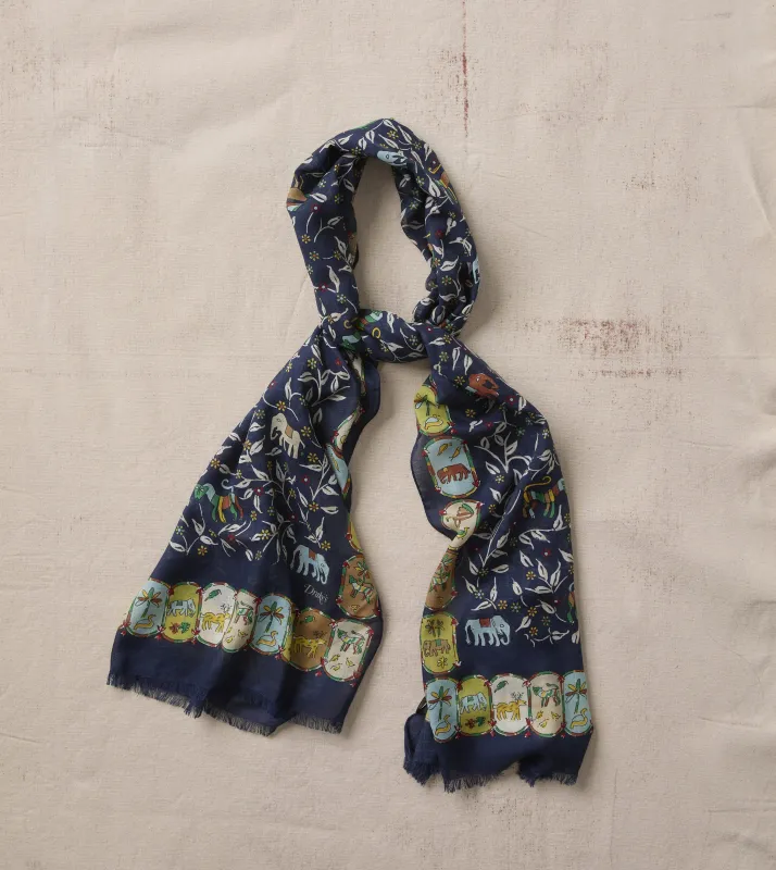 Navy Loose Animal Print Wool-Silk Scarf made by Drake's London