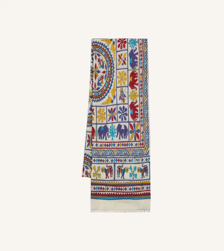 Ecru Elephants and Flowers Print Wool-Silk Scarf made by Drake's London