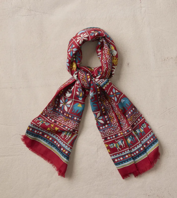 Red Elephants and Flowers Print Wool-Silk Scarf made by Drake's London