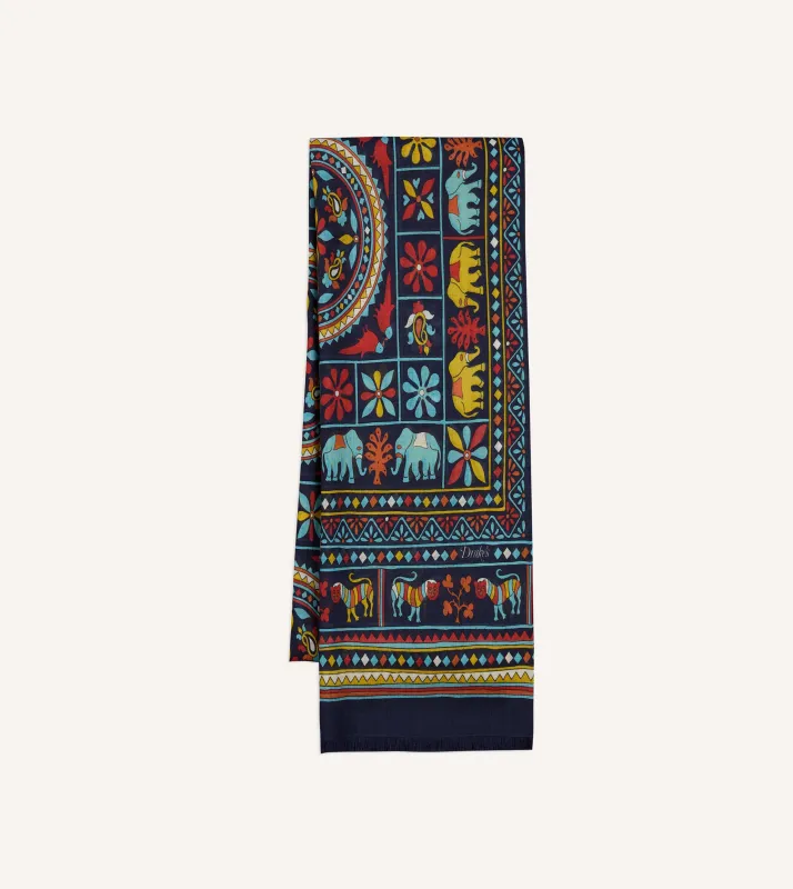 Navy Elephants and Flowers Print Wool-Silk Scarf made by Drake's London