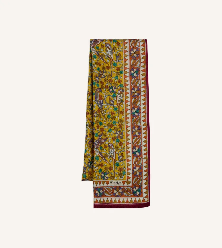 Yellow Birds and Flowers Print Wool-Silk Scarf made by Drake's London