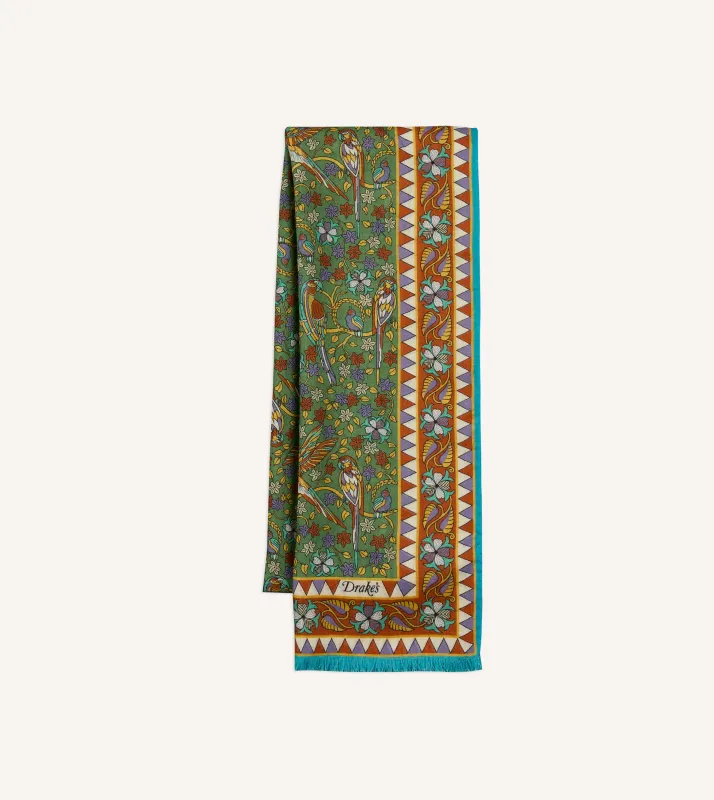 Green Birds and Flowers Print Wool-Silk Scarf made by Drake's London