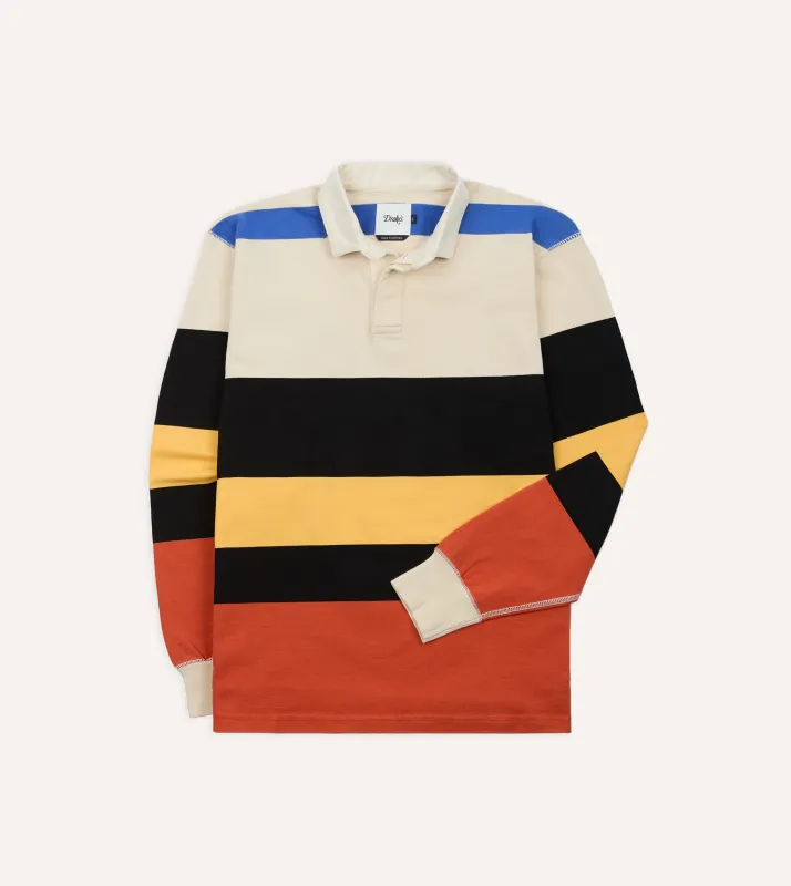 Ecru, Black and Orange Multi Stripe Cotton Rugby Shirt made by Drake's London