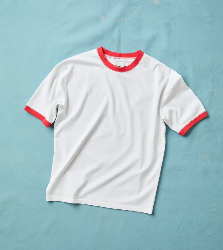 White and Red Tipped Ringer T-Shirt made by Drake's London
