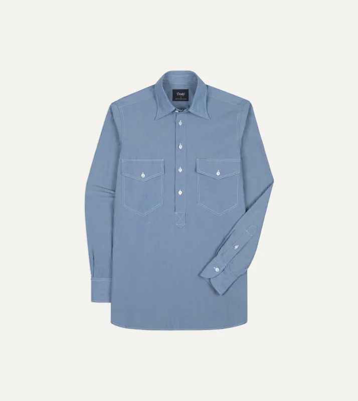 Light Indigo Cotton-Linen Popover Work Shirt made by Drake's London