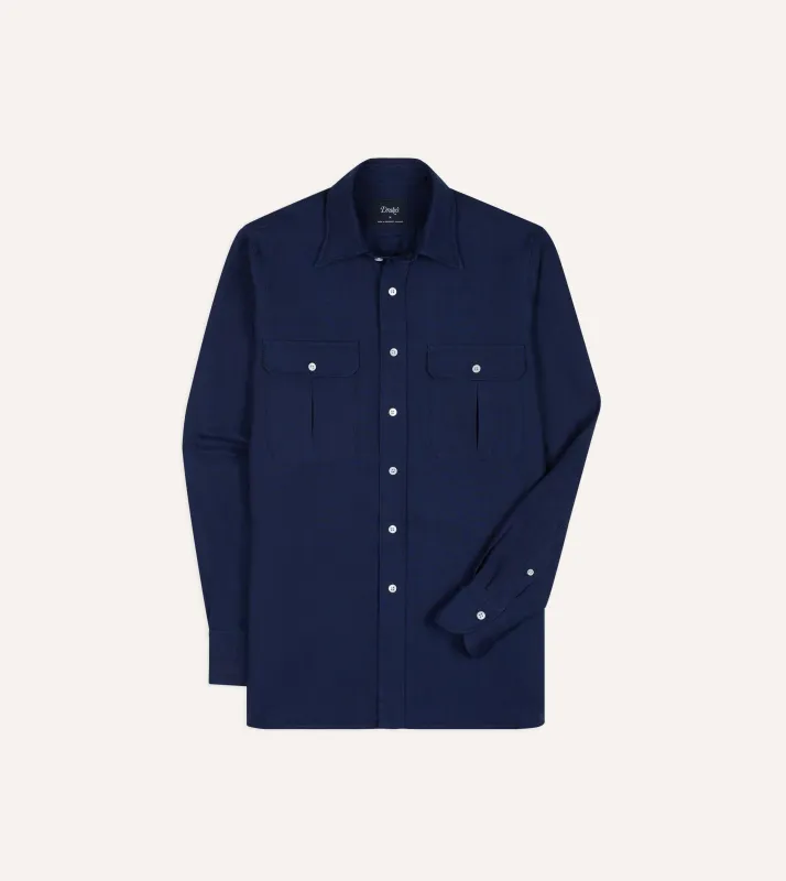 Indigo Linen Two-Pocket Long Point Collar Work Shirt made by Drake's London