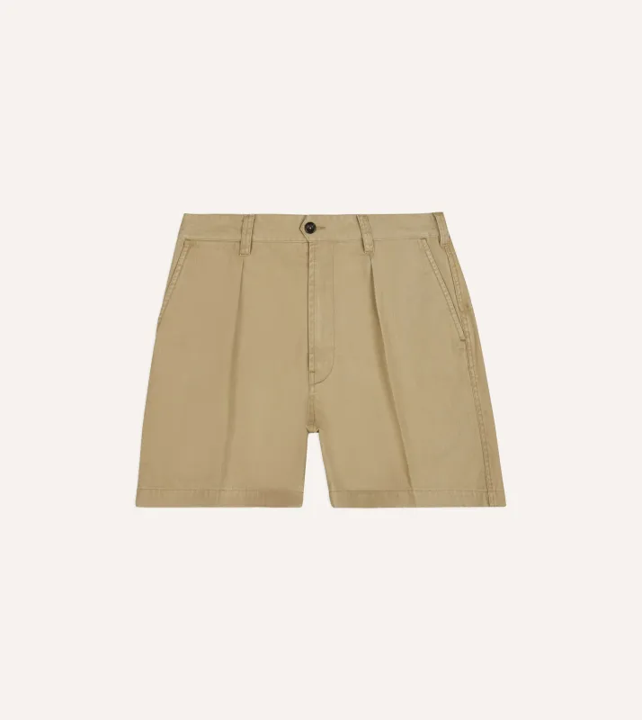 Beige Cotton Wide Leg Single-Pleat Shorts made by Drake's London