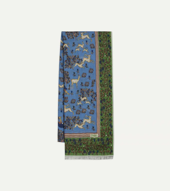 Blue Archival Animals Print Wool-Silk Scarf made by Drake's London