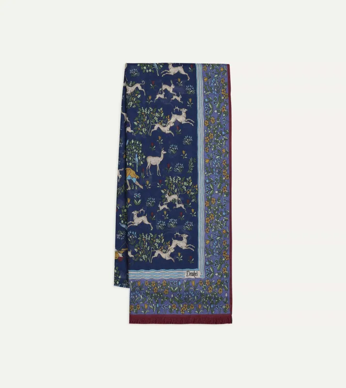 Navy Archival Animals Print Wool-Silk Scarf made by Drake's London