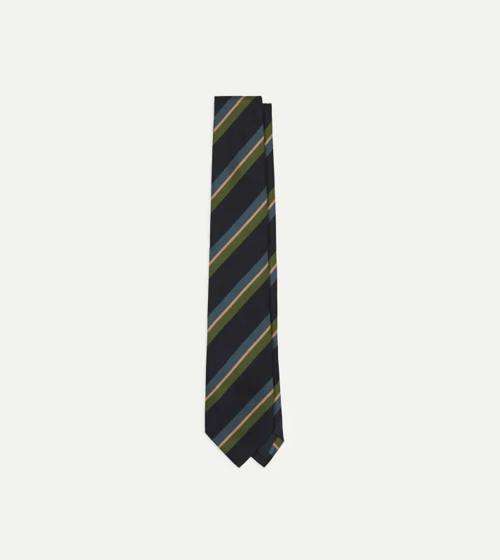 Navy, Green, Blue and Yellow Sandwich Stripe Repp Silk Tipped Tie made by Drake's London