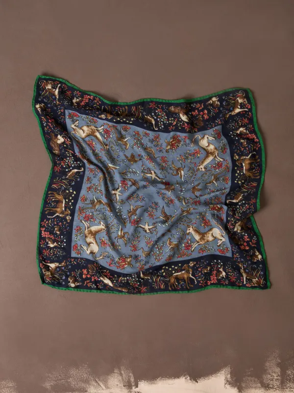 Navy Unicorn Tapestry Print Wool-Silk Bandana made by Drake's London