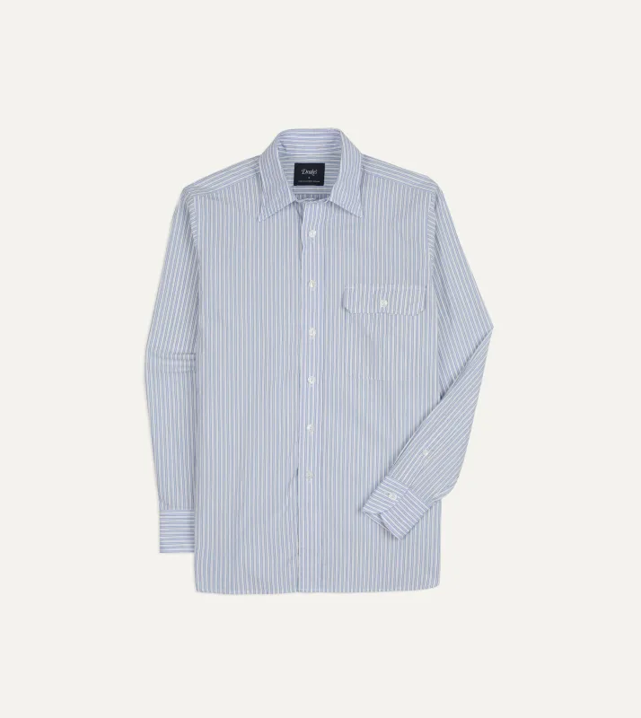 Blue and White Stripe Cotton Long Point Collar Shirt made by Drake's London